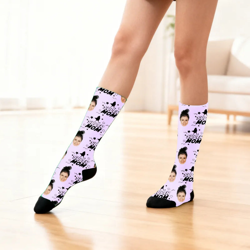 Custom Face Socks Personalized Photo Socks for Mother‘s day Gift - Super Mama