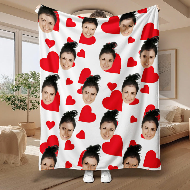 Custom Photo Mother's Day Blanket - Personalized Funny Face Silk Touch Mink Blanket - Red Heart for Mom